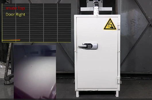 A cabinet undergoing an instrumented fire test, with a thermocouple trace and an internal camera view overlaid
