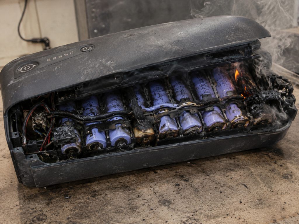 A damaged e-bike battery pack with cells in thermal runaway, the failure a cabinet is designed to contain rather than prevent