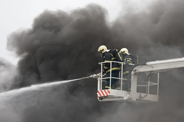 Two firefighters in an aerial platform basket directing a jet into dense black smoke